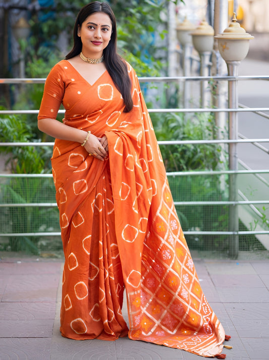 Vibrant Orange Tie-Dye Saree with Metallic Pallu