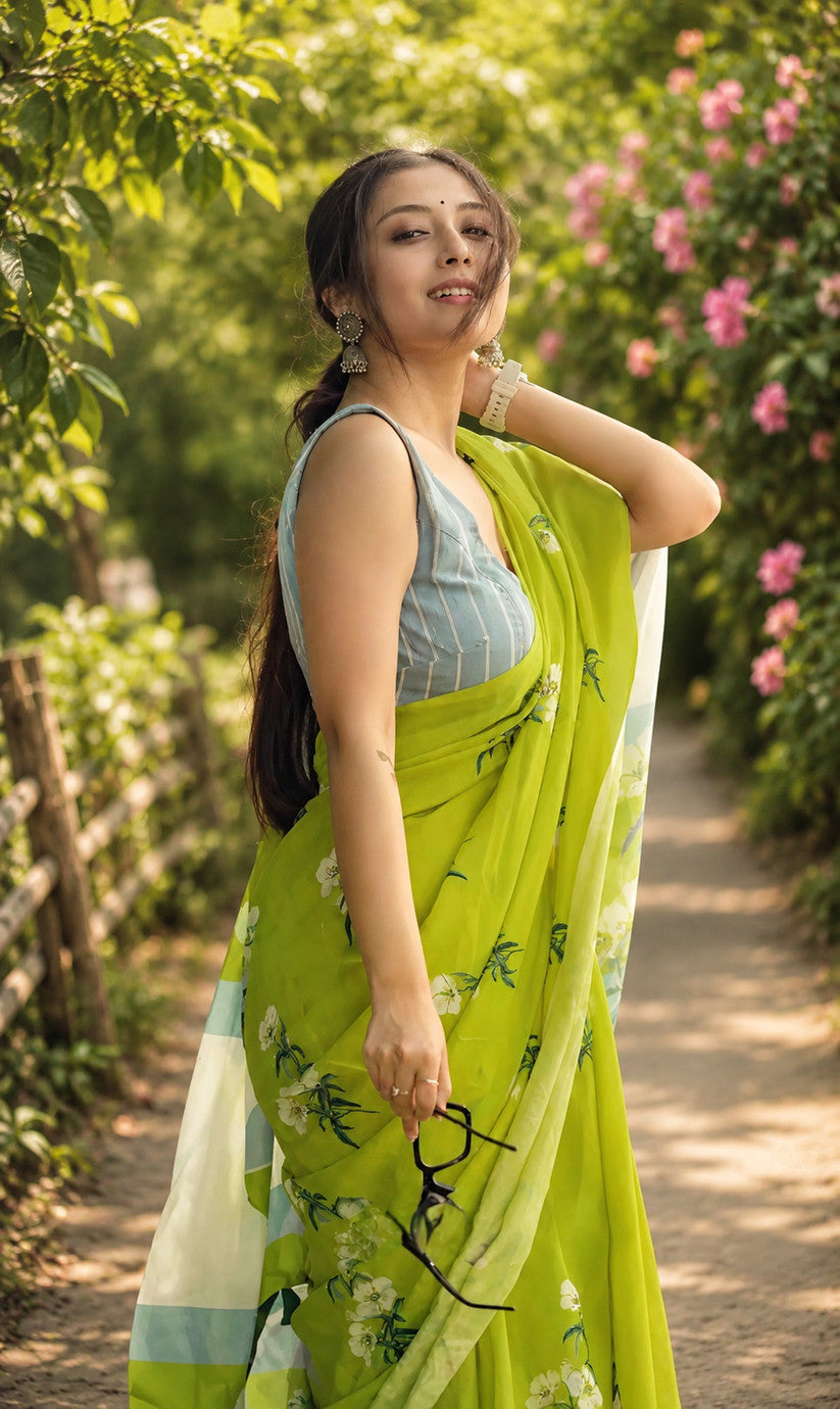 Lime Green Floral Print Saree with Geometric Pallu