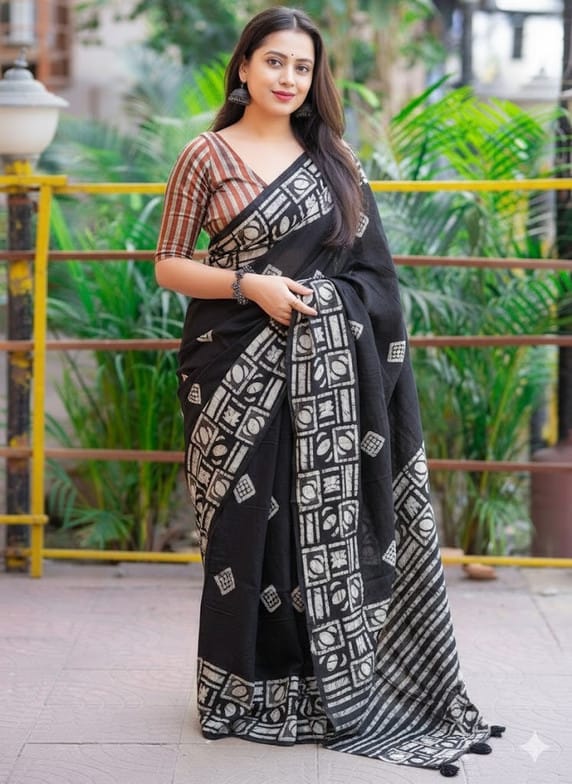 Black Batik Print Saree with Striped Blouse