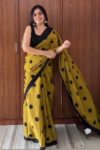 Mustard Yellow and Black Polka-Dot Saree