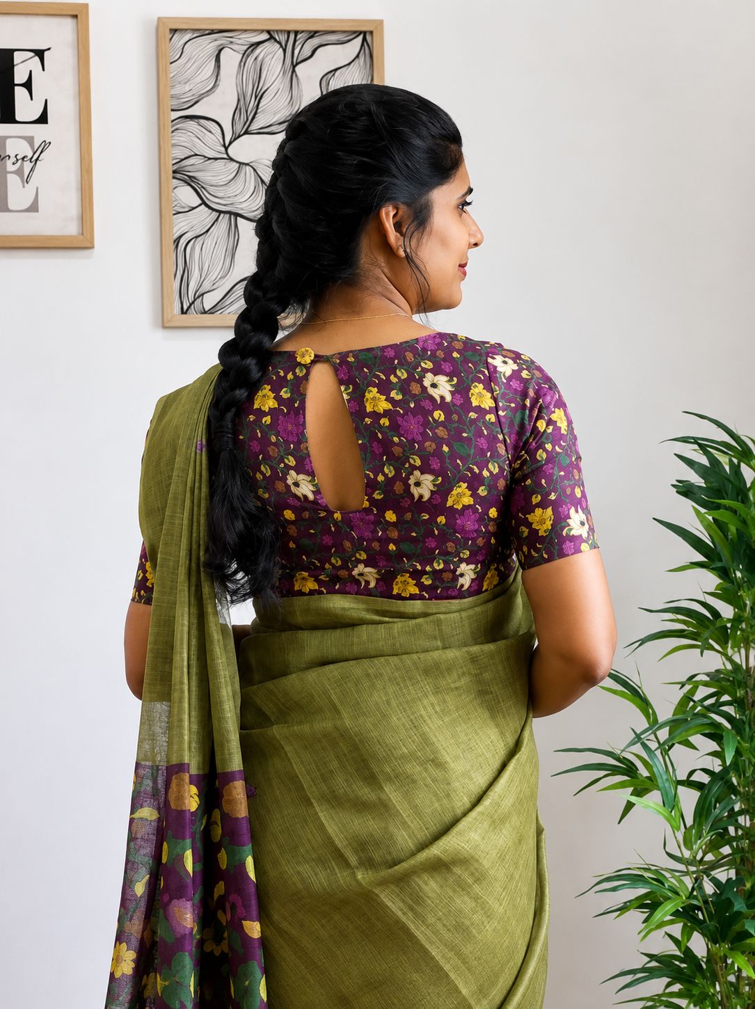 Olive Green Floral Saree with Contrast Botanical Pallu