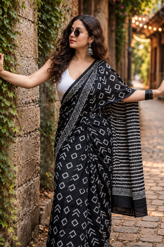 Black Geometric Printed Cotton Saree with Running Blouse