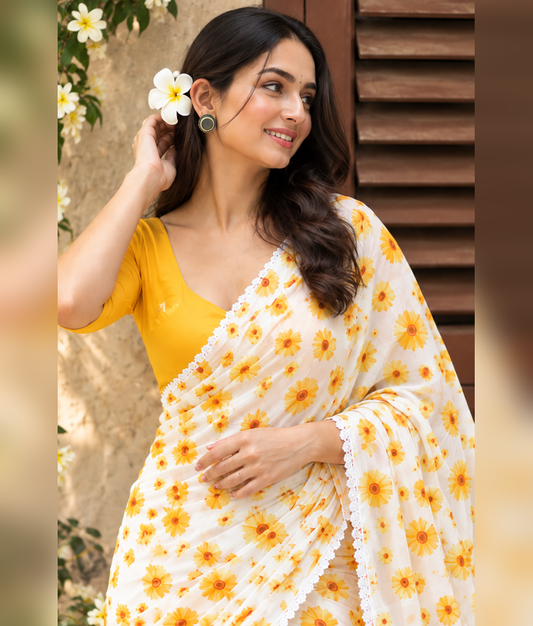 White and Yellow Linen Saree with Sunflower Print and Lace Border
