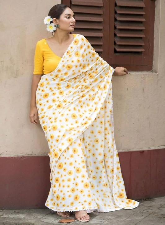 White and Yellow Linen Saree with Sunflower Print and Lace Border