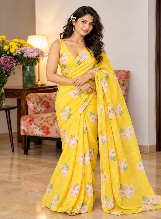 Bright Yellow Linen Saree with Pink Floral Print