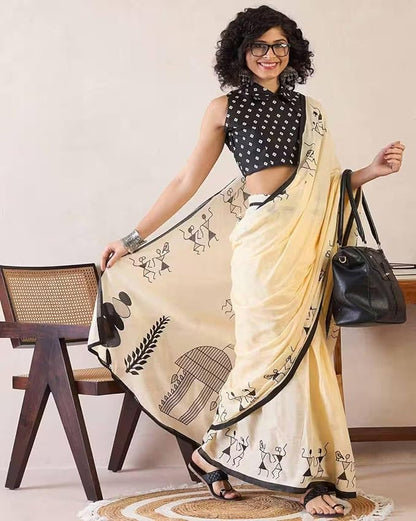 Cream White Linen Cotton Saree with Tribal Art Print
